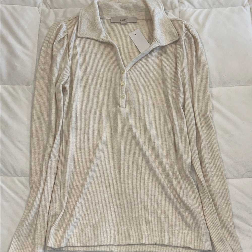 LOFT Beige Ribbed Collared Top